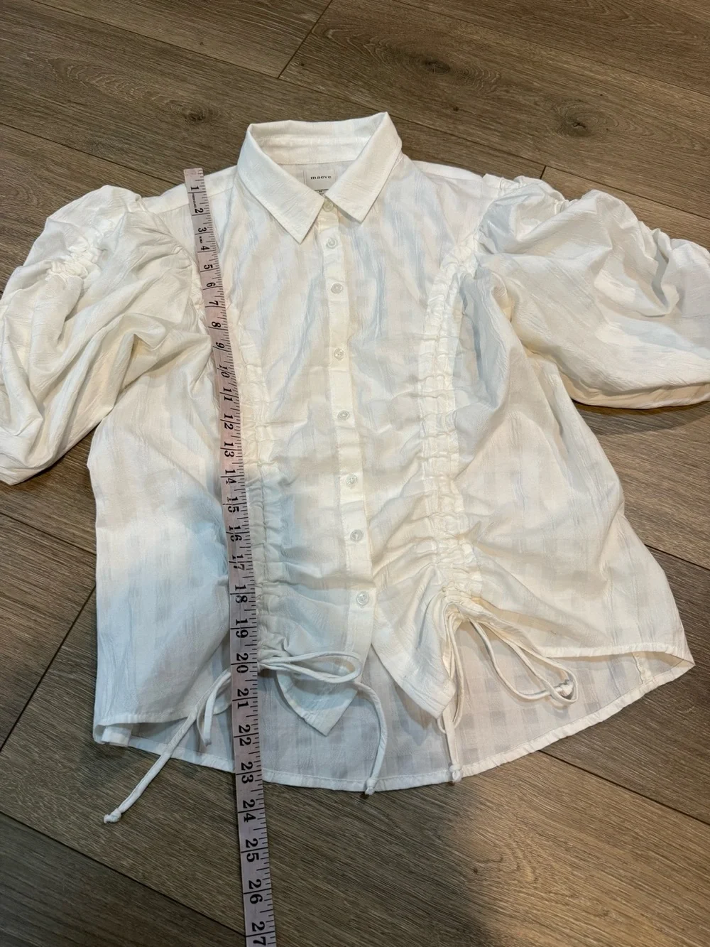 Anthropologie Maeve Drawstring Puff-Sleeve Button-Front Blouse Size Medium